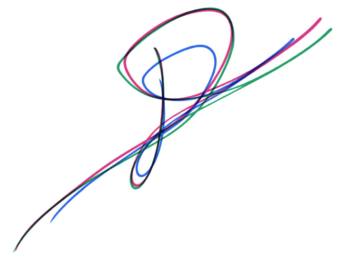 The same three completed variations overlaid at one scale: variation 1 blue, variation 2 pink, variation 3 green; overlapping strokes appear darker